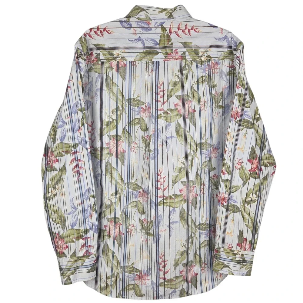 Tommy Bahama Mens Button Up Shirt Floral Blue Green Stripe Long Sleeve‎ Medium